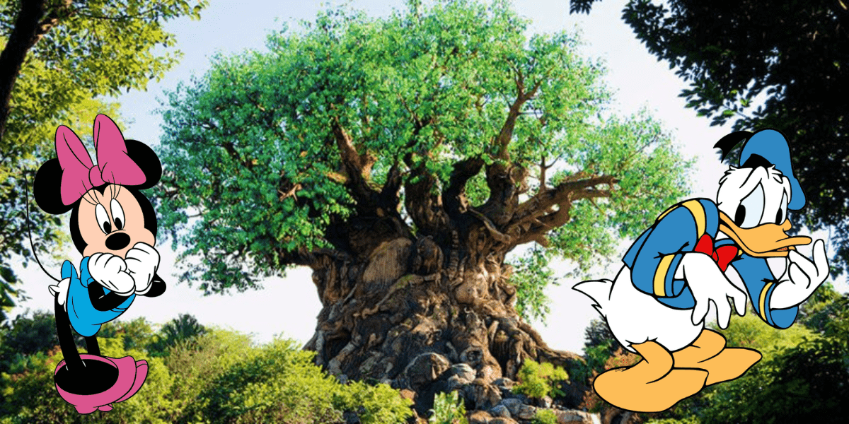 Minnie Mouse and Donald Duck greet guests near the iconic Tree of Life at Disney’s Animal Kingdom, just steps from the thrilling Kali River Rapids adventure.