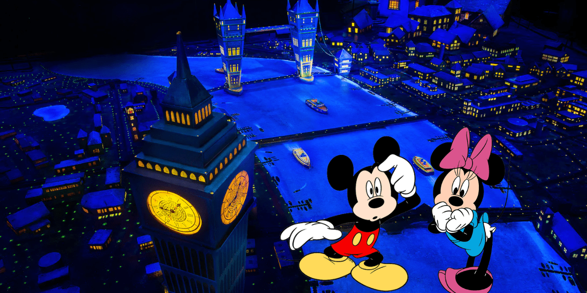 Mickey and Minnie Mouse gaze out from beside a glowing Big Ben, taking in the vibrant, illuminated London skyline at night. As they reminisce about their magical Disney adventures, Mickey jokes that nothing quite compares to the excitement of Peter Pan’s Flight—even if some experiences just don’t measure up.