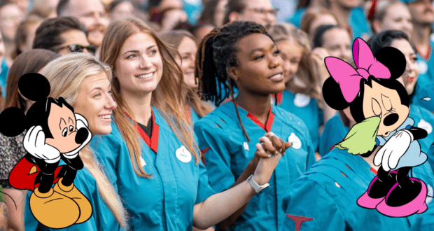 Three Disney cast members in crisp blue uniforms pose with friendly smiles, showcasing signature guest service; meanwhile, an illustrated Mickey Mouse looks glum and Minnie Mouse appears unwell, both superimposed over the image.
