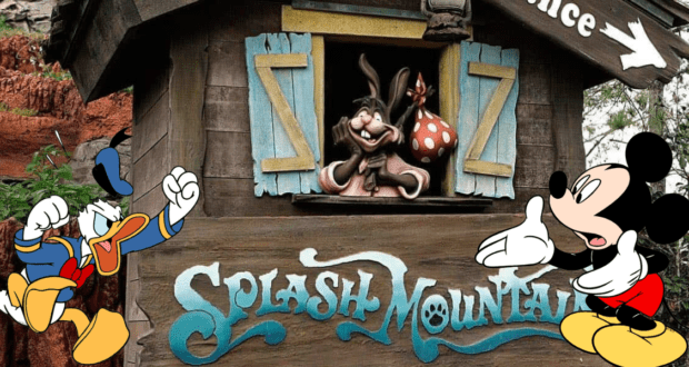 Mickey Mouse and Donald Duck excitedly greet Br’er Rabbit next to the Splash Mountain sign at a rustic chalet, evoking the whimsical, adventurous atmosphere that makes Splash Mountain a beloved Disney Parks attraction.