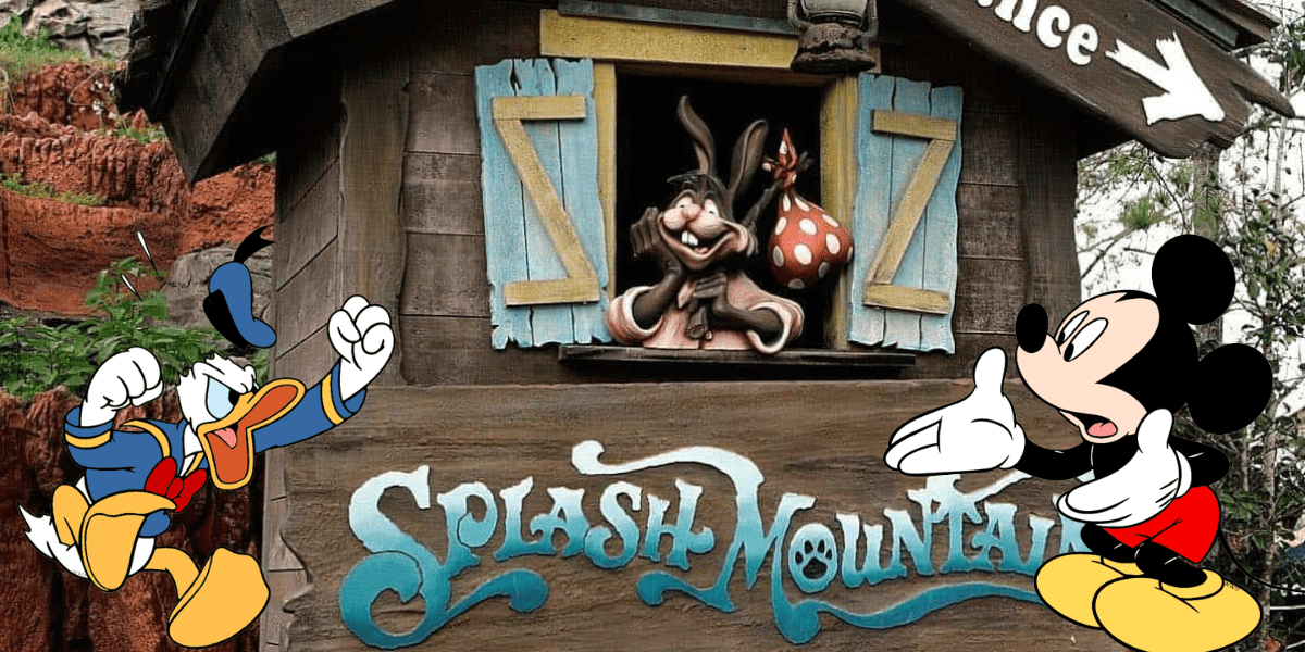 Mickey Mouse and Donald Duck excitedly greet Br’er Rabbit next to the Splash Mountain sign at a rustic chalet, evoking the whimsical, adventurous atmosphere that makes Splash Mountain a beloved Disney Parks attraction.