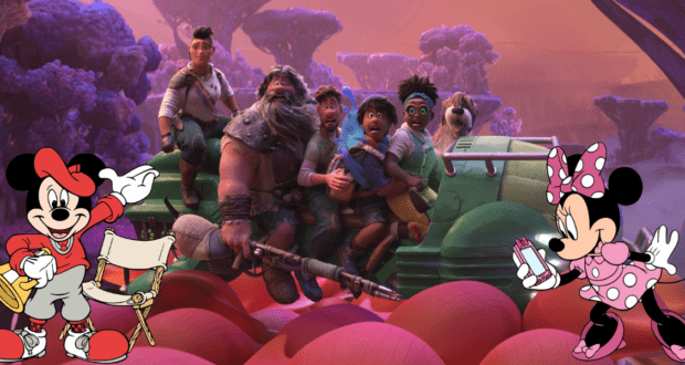Mickey and Minnie Mouse join an animated group aboard a bright green vehicle, set against a dazzlingly colorful backdrop inspired by the adventurous world of Disney's Strange World, capturing the excitement and immersive atmosphere found at Disney theme parks.