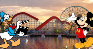 Mickey Mouse and Donald Duck greet guests at Disneyland as the sun sets behind a lively roller coaster and Ferris wheel, radiating the excitement of a casting call event—keep an eye out for Hiro Hamada joining in on the Disney magic.