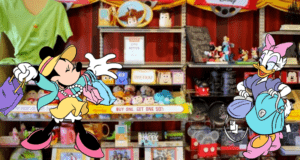 Minnie Mouse and Daisy Duck browse a vibrant Disney World shop packed with colorful toys and magical merchandise, capturing the fun and excitement of the park’s signature retail experience.