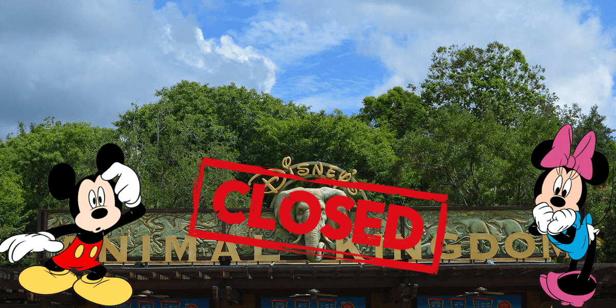 Mickey and Minnie stand with dejected expressions in front of the Disney’s Animal Kingdom entrance, overshadowed by a bold red "CLOSED" stamp across the sign, signaling to fans that Animal Kingdom has shut its gates.