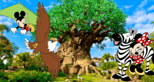 Mickey Mouse soars above Kevin's Animal Kingdom on a hang glider, while Minnie Mouse shares a warm hug with a friendly zebra below. An eagle circles gracefully overhead, with lush trees and a bright blue sky completing the magical scene.