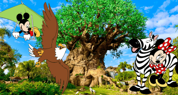 Mickey Mouse soars above Kevin's Animal Kingdom on a hang glider, while Minnie Mouse shares a warm hug with a friendly zebra below. An eagle circles gracefully overhead, with lush trees and a bright blue sky completing the magical scene.