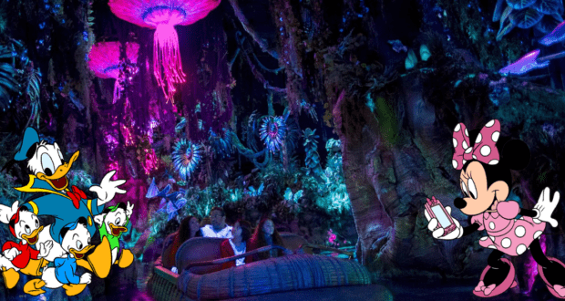 Guests embark on the Na’vi River Journey through a dazzling bioluminescent jungle, accompanied by beloved Disney characters and flanked by Minnie Mouse. Immersed in this breathtaking attraction at Pandora – The World of Avatar, visitors encounter the captivating shaman who brings Pandora’s magical world to life with enchanting sights and sounds.