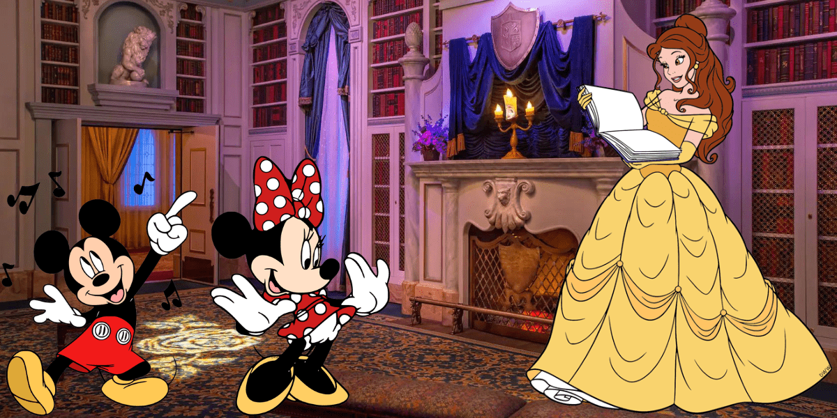 Mickey and Minnie Mouse twirl together in front of delighted guests while Belle captivates audiences with enchanted tales inside a grand, elegant library with a glowing fireplace, creating unforgettable moments at the heart of the Disney park.
