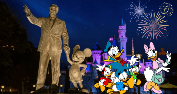 Walt Disney and Mickey Mouse statue surrounded by beloved Disney characters, dazzling fireworks, and a pink-illuminated castle glowing against the night sky, celebrating the enchanting magic of World of Color – ONE at Disneyland.