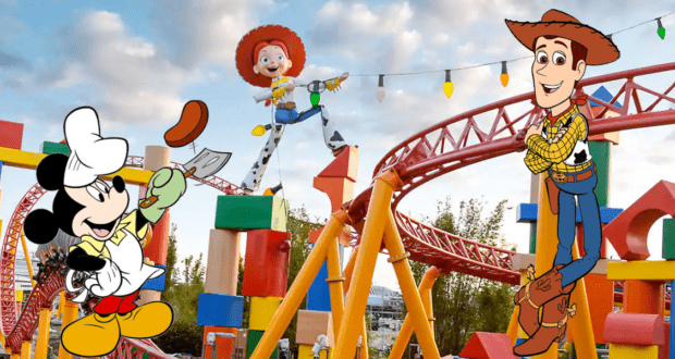 Mickey Mouse prepares delicious treats as Woody and Jessie beam with excitement aboard a lively, toy-themed roller coaster backdrop, capturing the playful spirit and flavor-packed adventure of Woody's Roundup Rodeo BBQ at Disney World.