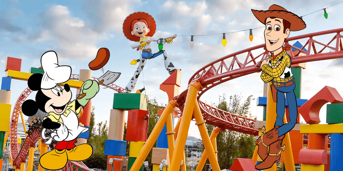 Mickey Mouse prepares delicious treats as Woody and Jessie beam with excitement aboard a lively, toy-themed roller coaster backdrop, capturing the playful spirit and flavor-packed adventure of Woody's Roundup Rodeo BBQ at Disney World.