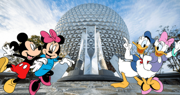 Mickey, Minnie, Donald, and Daisy pose together in front of Epcot’s iconic Spaceship Earth under bright blue skies, excited to ring in the New Year at Epcot’s dazzling New Year's Eve celebration.