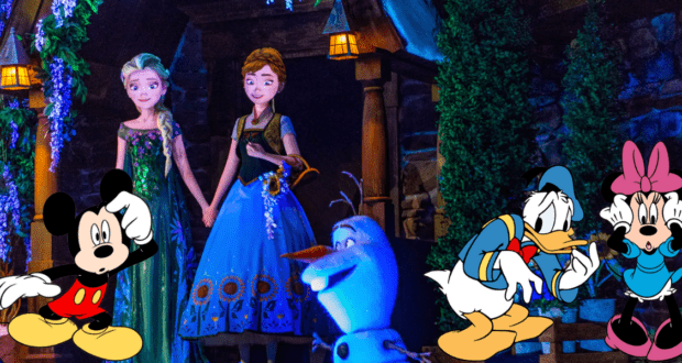 Elsa, Anna, and Olaf join Mickey Mouse, Donald Duck, and Daisy Duck for an unforgettable group photo at Walt Disney World. The scene highlights the park’s signature magic, where fan-favorite Disney characters come together to create lasting memories for guests—even amidst the excitement that sometimes leads to minor mishaps during your adventure.