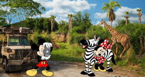 Mickey Mouse snaps a photo as Minnie Mouse gives a zebra a big hug on Kilimanjaro Safaris at Disney’s Animal Kingdom, with giraffes roaming and palm trees swaying in the background.