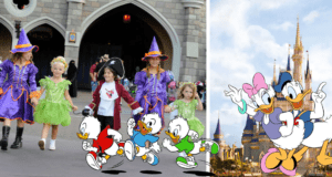 Favorite Disney characters come to life as children parade in costume through Disney World, with beloved cartoon ducks and the iconic castle adding extra magic to the scene.