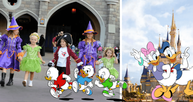 Favorite Disney characters come to life as children parade in costume through Disney World, with beloved cartoon ducks and the iconic castle adding extra magic to the scene.
