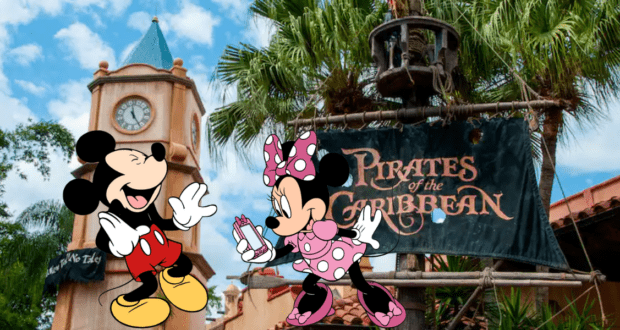 Mickey and Minnie Mouse pose together in front of the iconic Pirates of the Caribbean sign and towering clock at Disney, ready to embark on a swashbuckling adventure straight out of a Captain Jack Sparrow story.