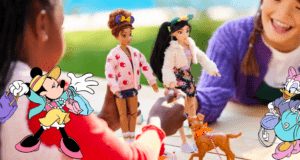 Kids enjoy a playful moment with dolls at an outdoor table, as Disney ily 4ever Minnie and Daisy figurines, inspired by fan-favorite theme park fashion and shopping adventures, stand prominently in front with their signature bags.
