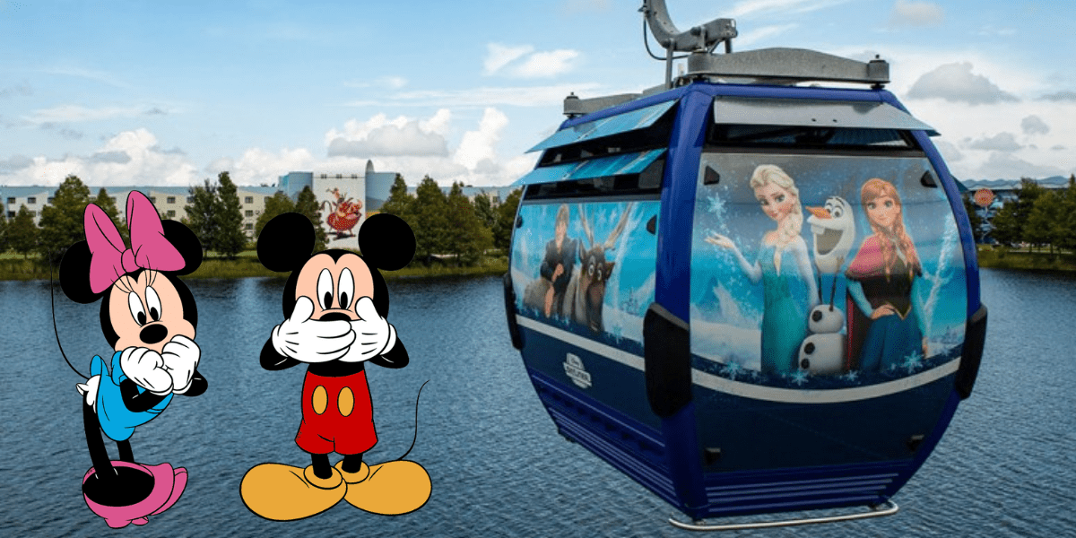 Mickey Mouse and Minnie Mouse react with playful shock, hands covering their mouths, as they stand beside a Frozen-themed Disney Skyliner gondola gliding over the water at Walt Disney World, startled by an unexpected guest behavior nearby.