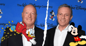 Two executives in suits pose in front of a Disney-themed backdrop, with Mickey Mouse and Scrooge McDuck standing beside them. One of the characters visually represents Bob Chapek with a $20 million sign, and the image is split to highlight the comparison.