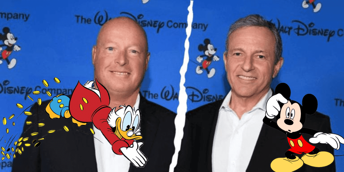 Two executives in suits pose in front of a Disney-themed backdrop, with Mickey Mouse and Scrooge McDuck standing beside them. One of the characters visually represents Bob Chapek with a $20 million sign, and the image is split to highlight the comparison.