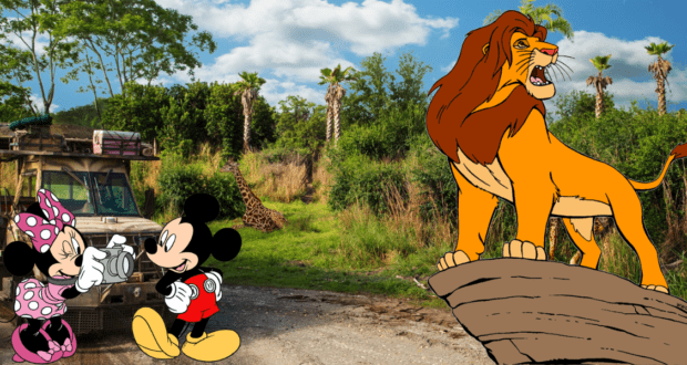 Mickey and Minnie snap photos as they witness a majestic lion roaring atop a rock on Kilimanjaro Safaris, capturing the thrilling adventure and wild spirit of Disney’s Animal Kingdom.