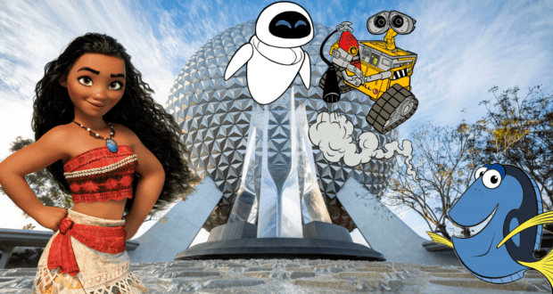 Moana, Eve, Wall-E, and Dory greet fans in front of EPCOT’s iconic Spaceship Earth on a bright, sunny day, with vibrant EPCOT parking signs adding to the magical atmosphere in the background.