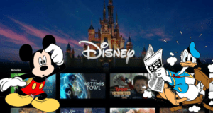 Mickey Mouse and Donald Duck greet guests in front of Disney’s iconic castle, with the Disney+ interface displaying The Simpsons, blending classic park magic with streaming entertainment.
