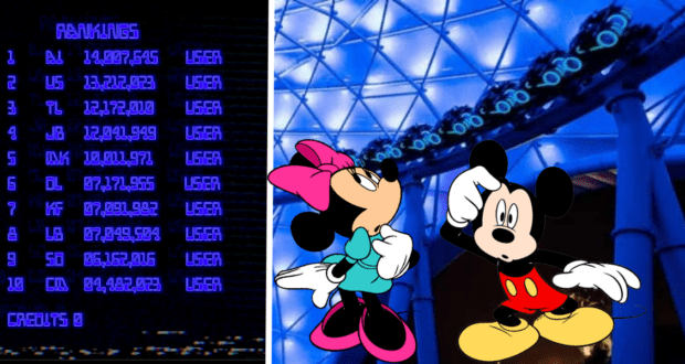 Mickey and Minnie Mouse pose beside the thrilling TRON Lightcycle Run roller coaster and a vibrant game ranking screen illuminated by blue neon lights, excitedly celebrating the attraction’s grand opening at Disney World.