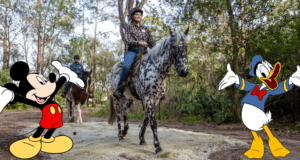 Mickey Mouse and Donald Duck sparkle in vivid hues, their appearances inspired by recycled glass art from Walt Disney World, as two horseback riders make their way along a serene wooded trail in the background.
