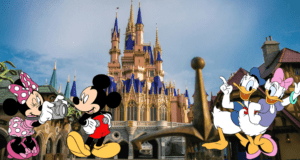 Mickey Mouse, Minnie Mouse, Donald Duck, and Daisy Duck pose together in front of Cinderella Castle at Disney World on a bright blue-sky day, ready to capture magical moments with the Genie+ PhotoPass experience.