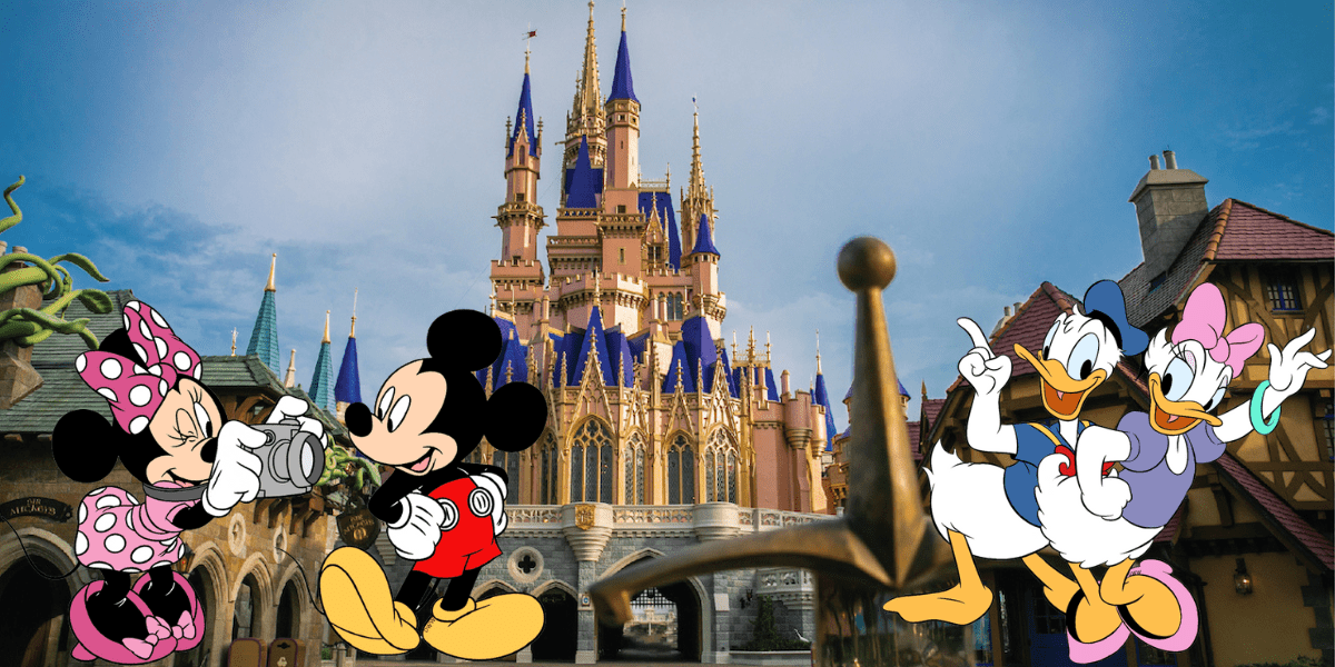 Mickey Mouse, Minnie Mouse, Donald Duck, and Daisy Duck pose together in front of Cinderella Castle at Disney World on a bright blue-sky day, ready to capture magical moments with the Genie+ PhotoPass experience.