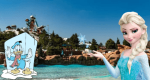 Elsa poses beside a frozen Donald Duck statue at Disney’s Blizzard Beach, holding up a shimmering snowflake to signal the park’s seasonal closure.