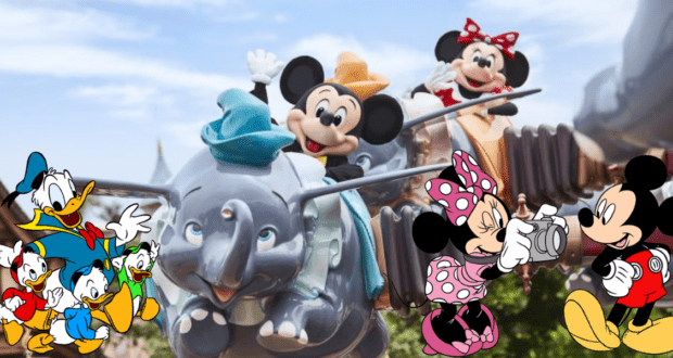 Mickey and friends enjoy the Dumbo ride at Hong Kong Disneyland, with beloved Disney characters in the foreground, perfectly capturing the magic and playful energy of Disneyland character experiences.