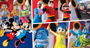 Beloved Disney and Pixar icons like Mickey Mouse and Minnie Mouse gather in front of a vibrant Disney Cruise Line ship, all smiles as they kick off the festive Pixar Day at Sea celebration.