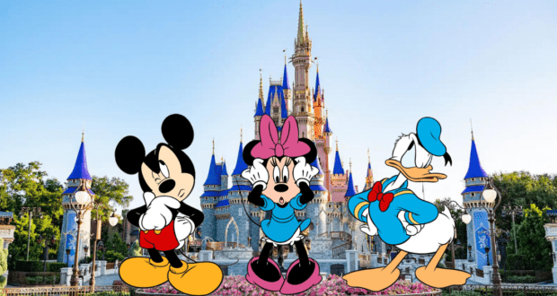 Mickey, Minnie, and Donald greet guests in front of the iconic Cinderella Castle with its blue rooftops at Magic Kingdom, while the monorail glides past in the background, capturing classic Disney magic.