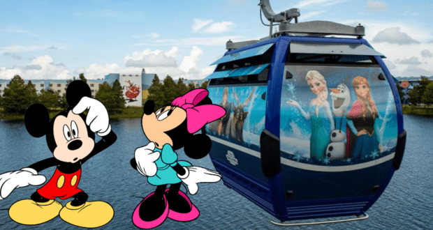Mickey and Minnie pose beside a Frozen-themed Disney Skyliner gondola gliding over sparkling water, with lush trees and resort buildings in the background—a magical photo op capturing Disney World’s charm just before the Skyliner closes for the night.