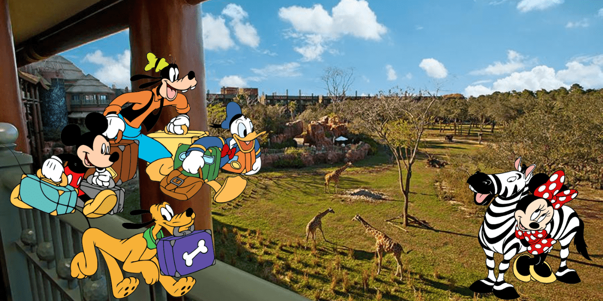 Mickey Mouse and friends, suitcases in hand, gaze over an African-inspired savanna teeming with giraffes and zebras beneath a vibrant blue sky, capturing the excitement of a Disney World Resort hotel adventure—now even more enchanting with special savings.