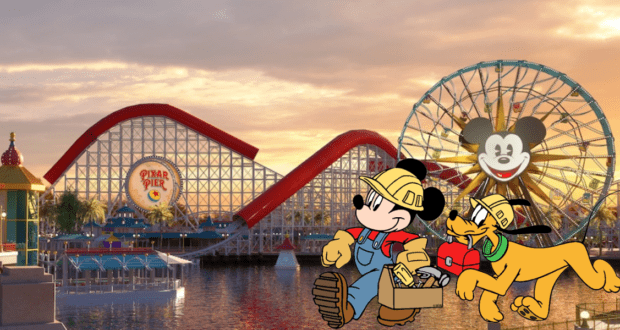 Mickey and Pluto dressed in construction outfits greet guests in front of the iconic roller coaster and Ferris wheel at Pixar Pier as the sun sets, while the dazzling lights of San Fransokyo at Disney California Adventure shimmer in the background.