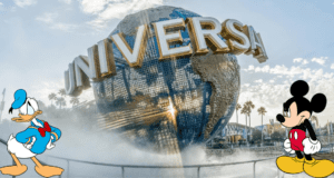 Donald Duck and Mickey Mouse greet visitors in front of the iconic Universal Studios globe under a bright Texas sky at Universal Park Frisco.