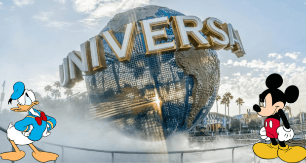 Donald Duck and Mickey Mouse greet visitors in front of the iconic Universal Studios globe under a bright Texas sky at Universal Park Frisco.