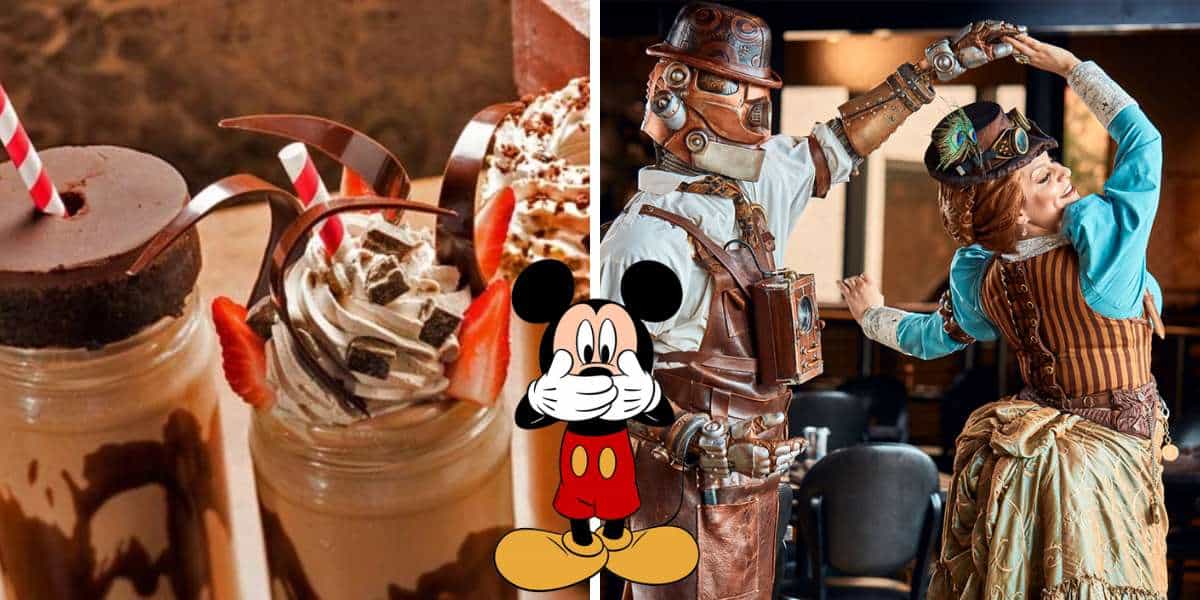 Chocolate-drizzled milkshakes topped with whipped cream, lively dancers in steampunk attire, and playful Mickey Mouse cartoon graphics set the stage for an unforgettable dining adventure straight out of a theme park spectacular.