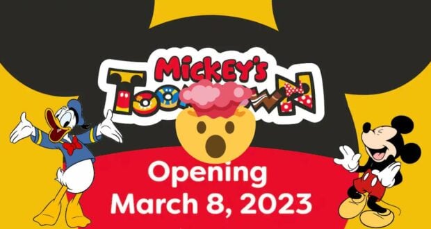 Mickey Mouse and Donald Duck welcome fans in front of the colorful Mickey’s Toontown sign, with festive emojis and a bright announcement reading "Mickey’s Toontown Opening March 8, 2023," capturing the excitement of this Disney Parks event.