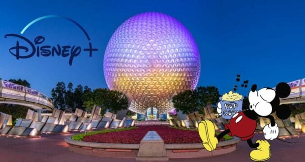 Mickey Mouse enjoys popcorn in front of Epcot at sunset, with the Disney+ logo glowing in the sky, as he celebrates his favorite Disney movies at Walt Disney World.