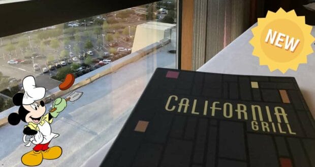 California Grill’s menu sits on a table by the window, showcasing the signature California Grill sign and a whimsical Mickey Mouse chef graphic with a bright “NEW” badge. Through the window, guests can spot the parking lot just outside Disney’s Contemporary Resort.