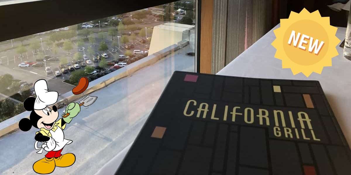 California Grill’s menu sits on a table by the window, showcasing the signature California Grill sign and a whimsical Mickey Mouse chef graphic with a bright “NEW” badge. Through the window, guests can spot the parking lot just outside Disney’s Contemporary Resort.