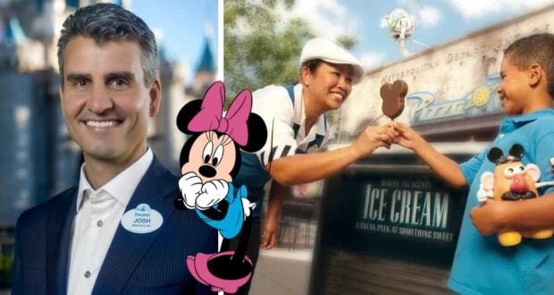 A well-dressed guest, Minnie Mouse, and a child excitedly receiving Mickey Mouse-shaped ice cream at Disney World, with cast member wage protests nearby drawing attention to ongoing demands for fair treatment of park staff.