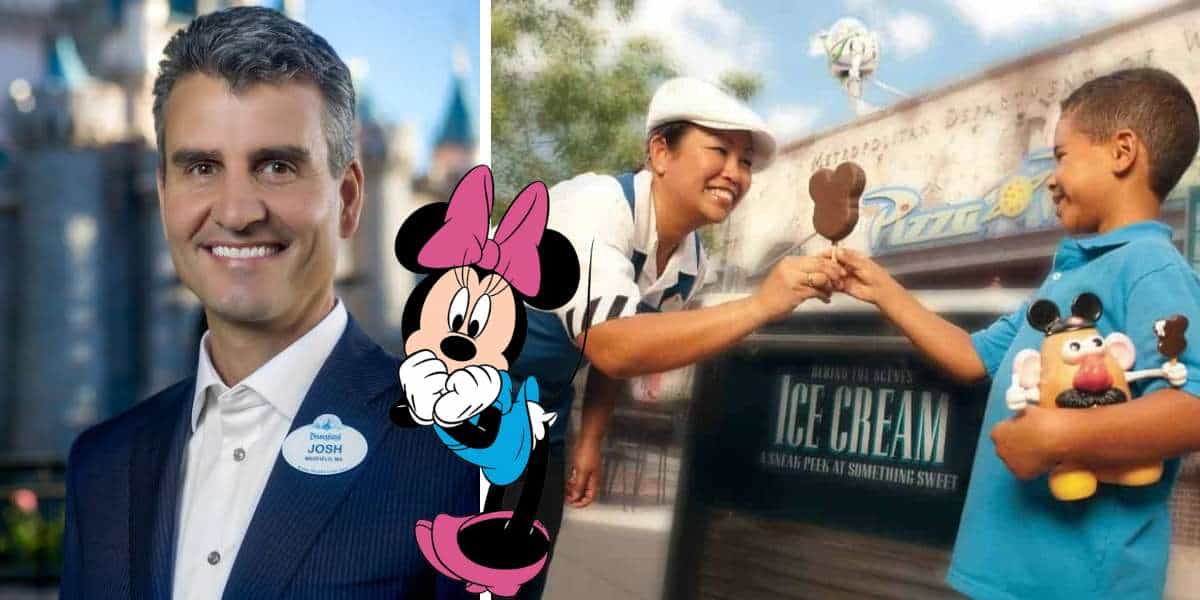 A well-dressed guest, Minnie Mouse, and a child excitedly receiving Mickey Mouse-shaped ice cream at Disney World, with cast member wage protests nearby drawing attention to ongoing demands for fair treatment of park staff.