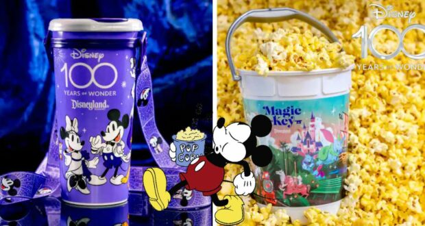 Collectible Disney100 popcorn buckets available in the park: one in vibrant purple showcasing fan-favorite characters, and another in classic white decorated with whimsical popcorn accents and a magical castle graphic.